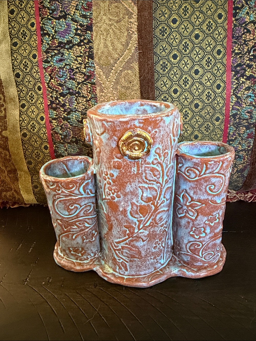 Unique Textured Ceramic Triple Vase or Brush/Pen holder Earthenware with Aqua